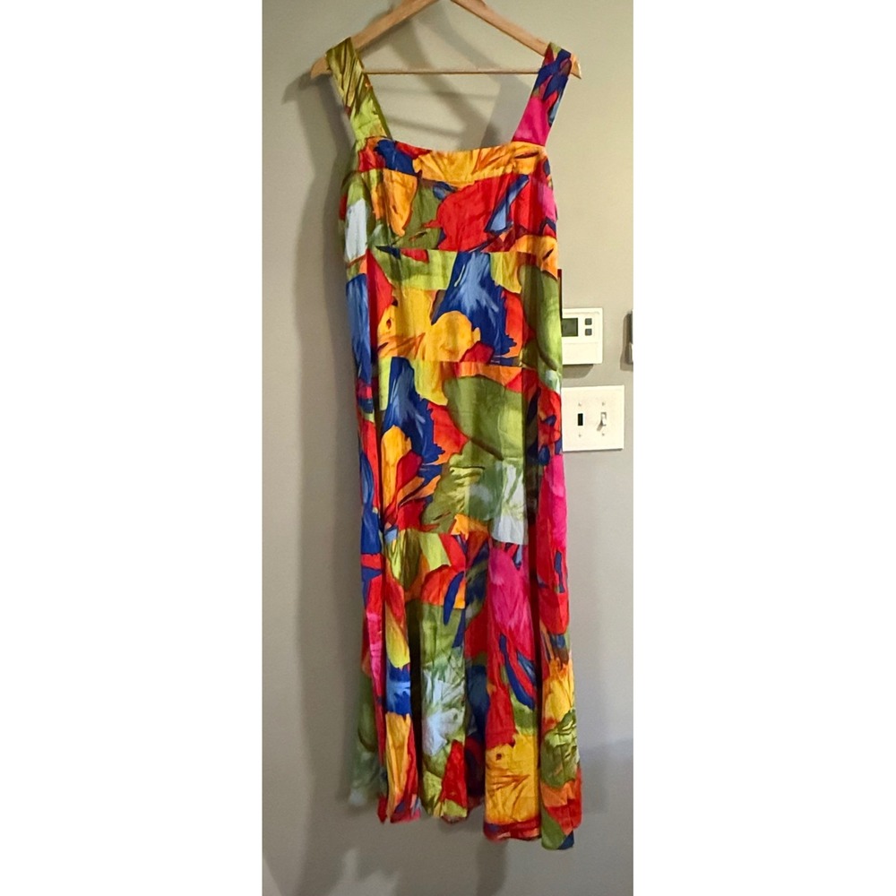 Vince Camuto Maxi Dress Womens L Orange Multi Floral Smocked Sleeveless Rayon